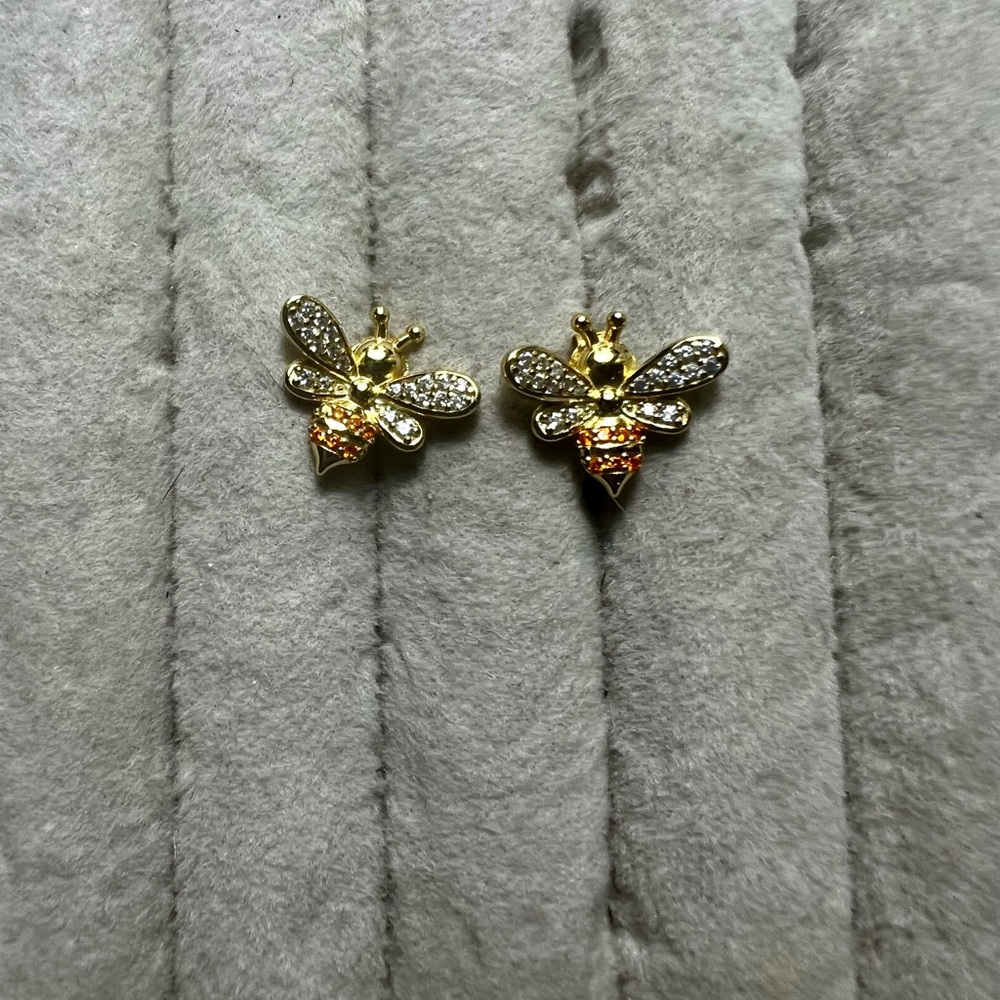 Gold Tone Bee Crystal Stud Earrings